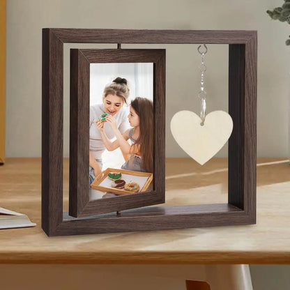 360° Rotierender Foto Rahmen mit Herzanhänger,  Doppelter Bilderrahmen aus Holz